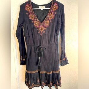 Idyllwind Black Mini Dress with Embroidered Accents